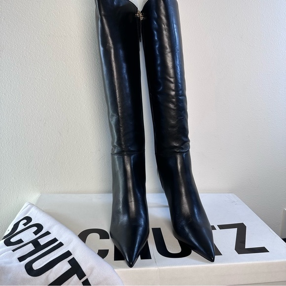 New Schutz Mikki Up Boot in Black leather knee high heel stiletto pointed toe - Picture 5 of 11